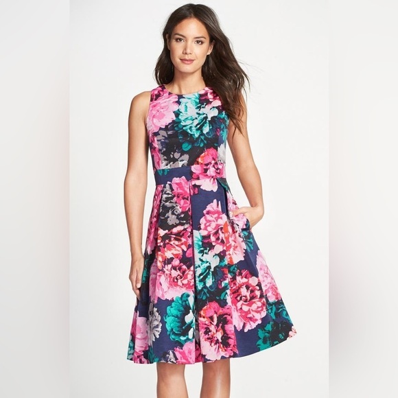 Eliza J Floral Print Faille Fit & Flare Dress Back Cut Out Flare Skirt Petite - Picture 1 of 9